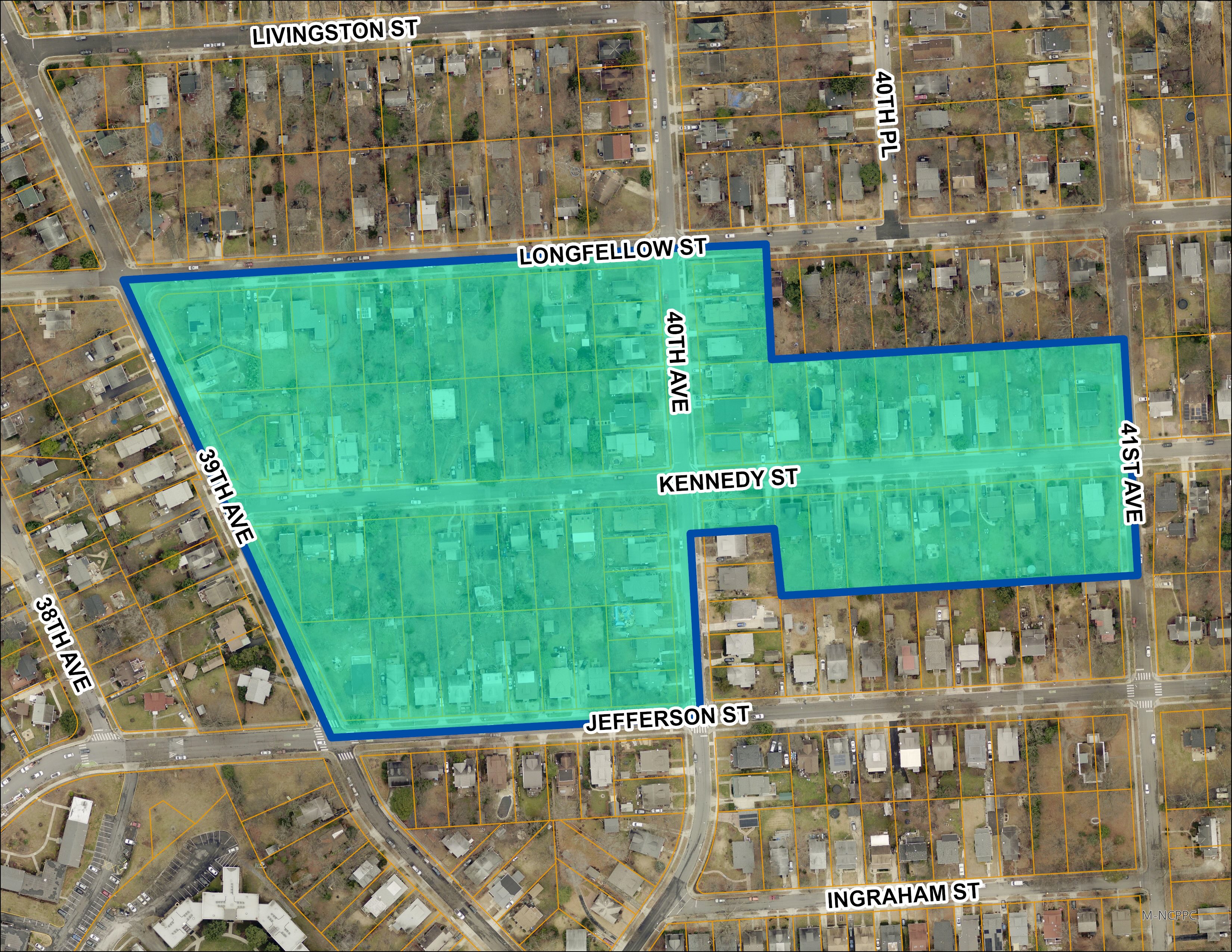Project area, bounded by 39th Avenue, Longfellow Street, 41st Avenue, and Jefferson Street. 40th Avenue and Kennedy bisect the project area.