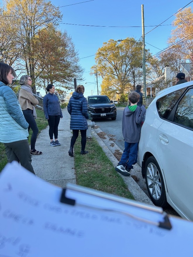 Residents gather on 43rd Street to discuss traffic concerns with the Hyattsville Department of Public Works staff.
