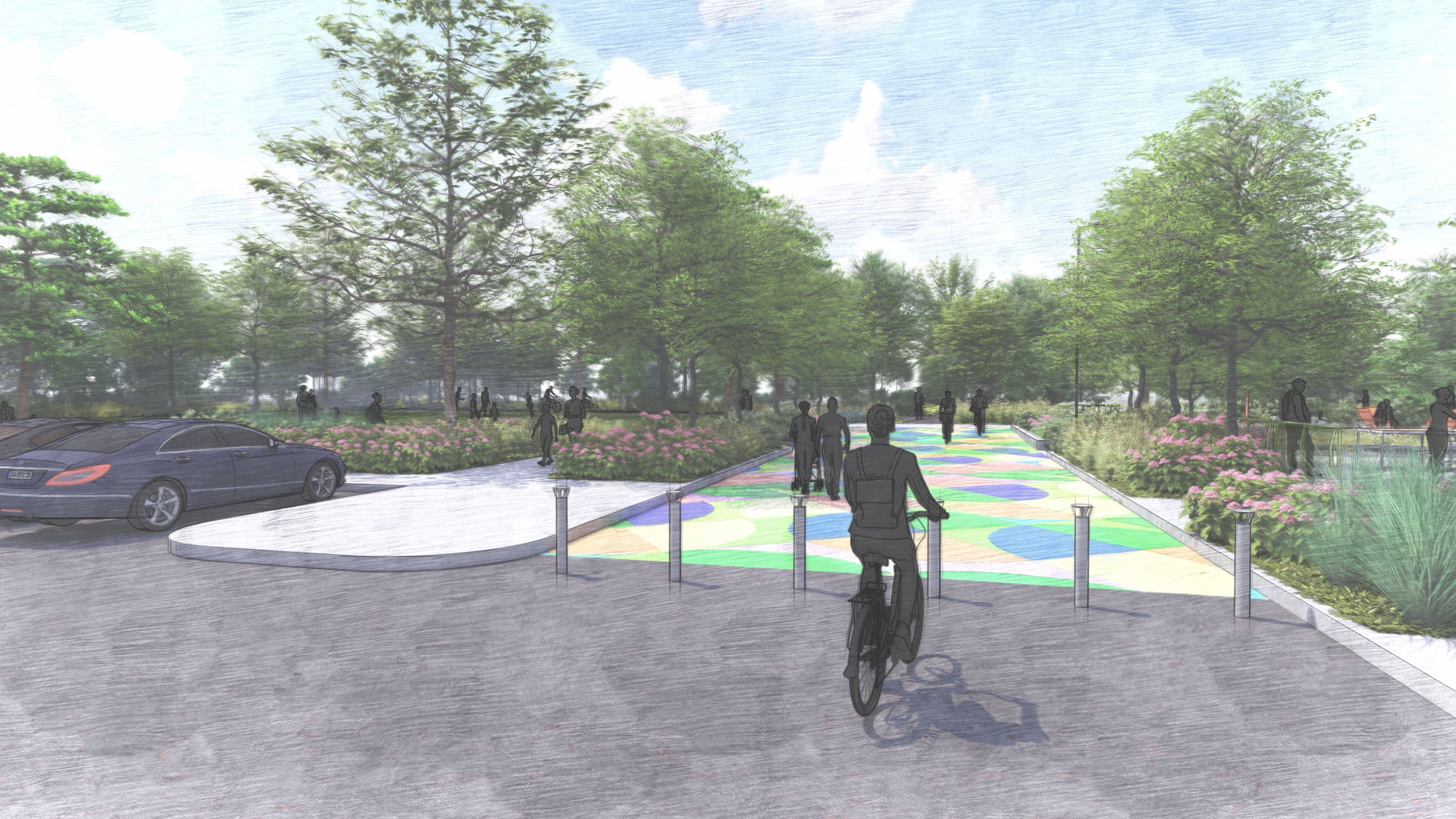 Rendering of the future park showing a pedestrian view of the park entrance on Hamilton Street with a painted pedestrian- and bike-way.