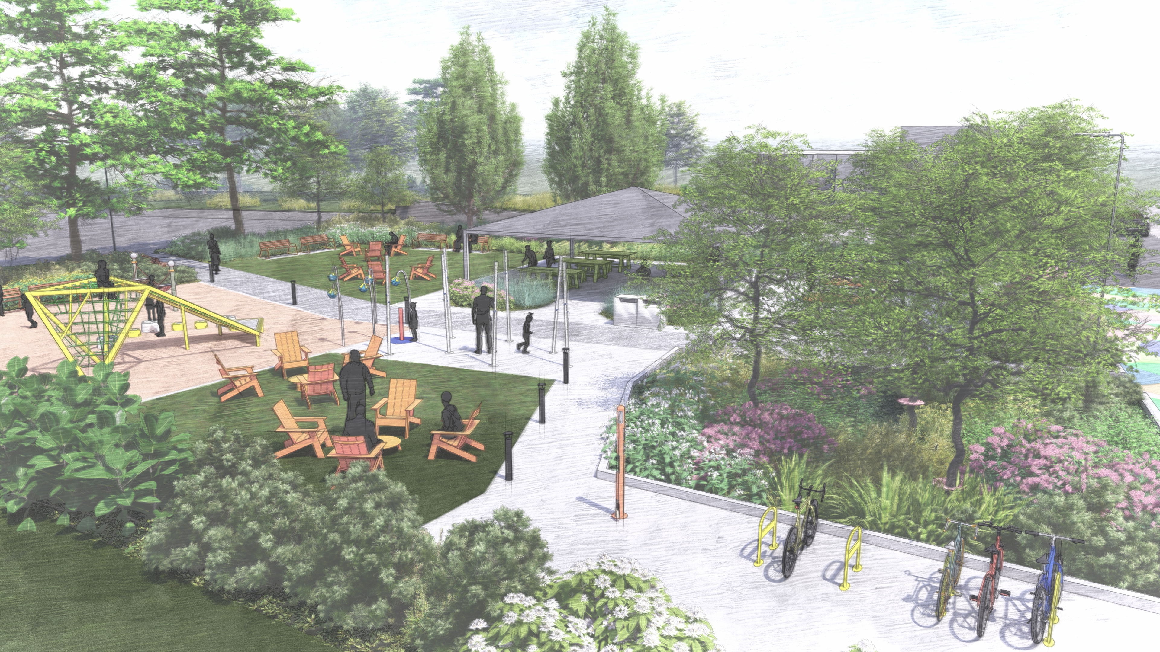 Rendering of the park showing a birds eye view of the picnic areas, game tables, play structure and mister plaza, walking paths, garden beds, and bike racks adjacent to the Trolley Trail.