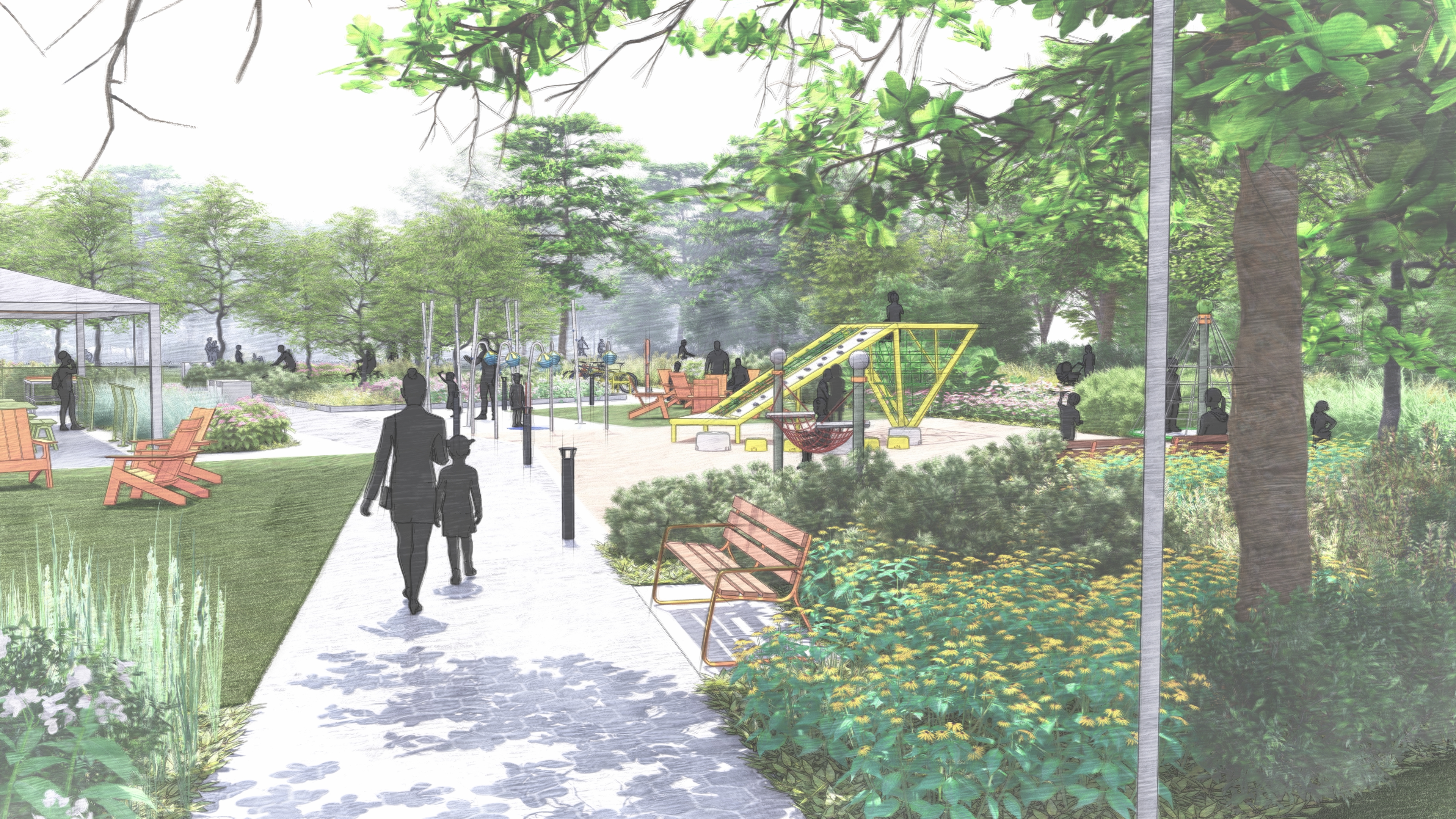 Rendering of future park showing a pedestrian view of benches, picnic areas, the play structure and mister plaza, walking paths and garden beds.