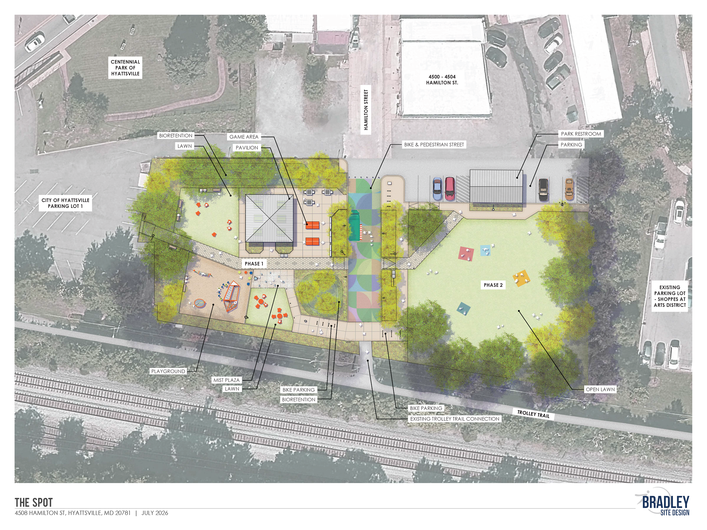 Aerial view of future park showing picnic areas, game tables, small playspace and mister plaza, and bioretention areas.